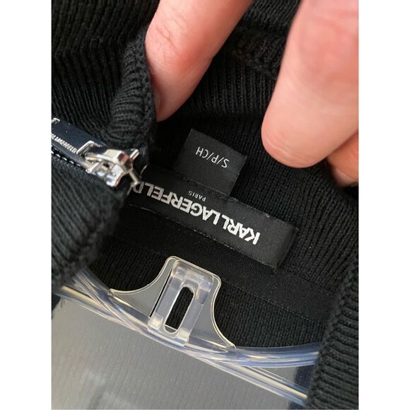 Karl Lagerfeld Paris Stripe Cuff Mock Neck Sweater Black/Blue, Sz Small, MP $169 - Picture 6 of 11